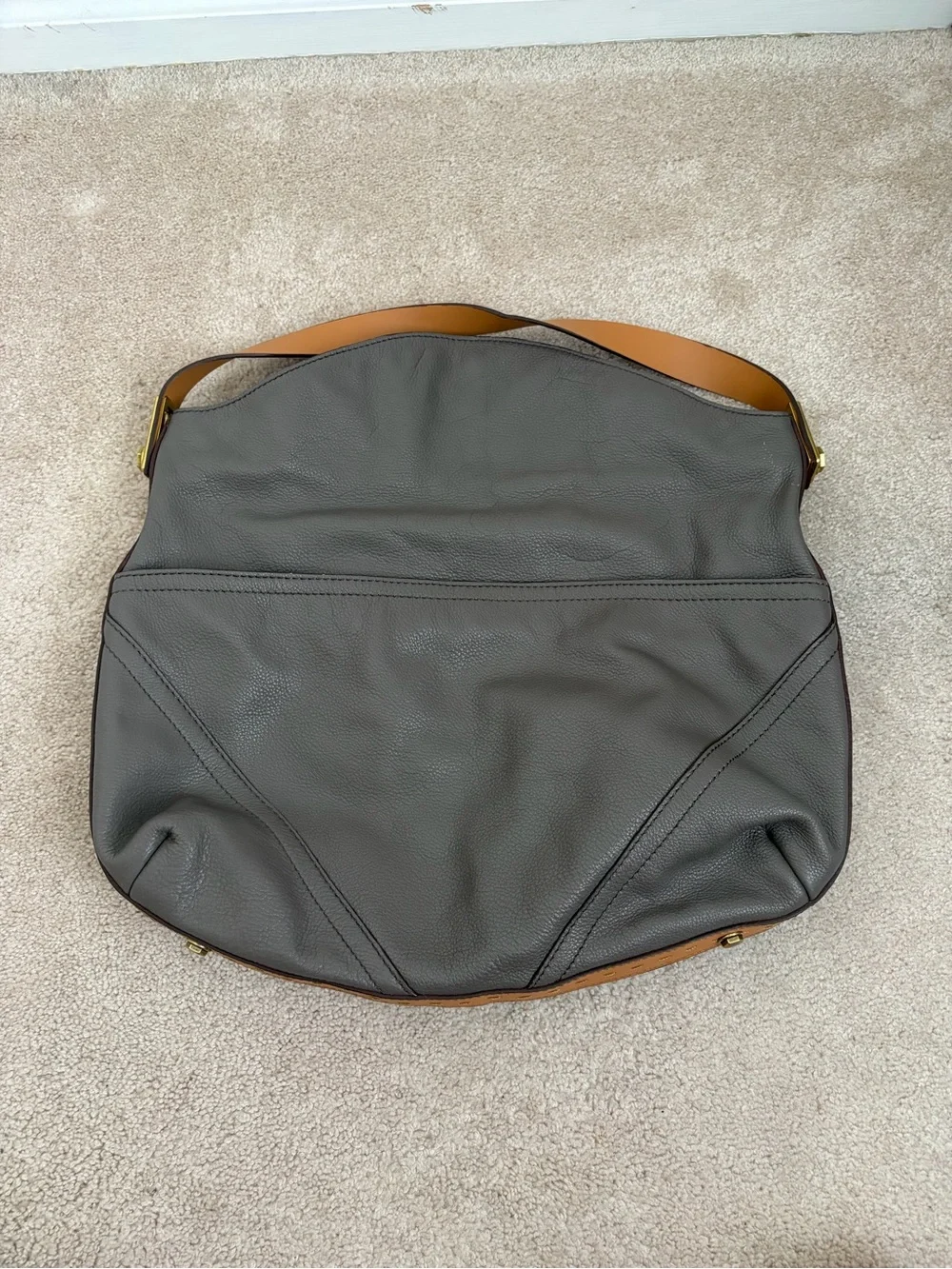 Taupe Leather Shoulder Hobo Bag with Tan Strap